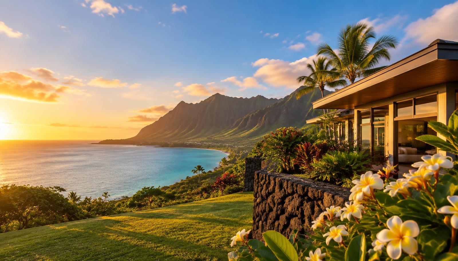 Island home overlooking mountains and the ocean at sunset